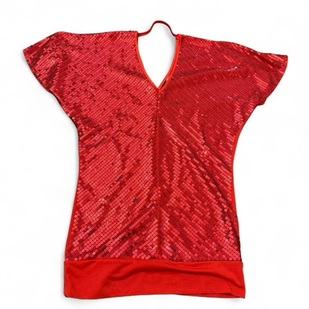 Say What? Red Sequin V-Neck Top Womens Small Short Sleeve Party Tunic Blouse